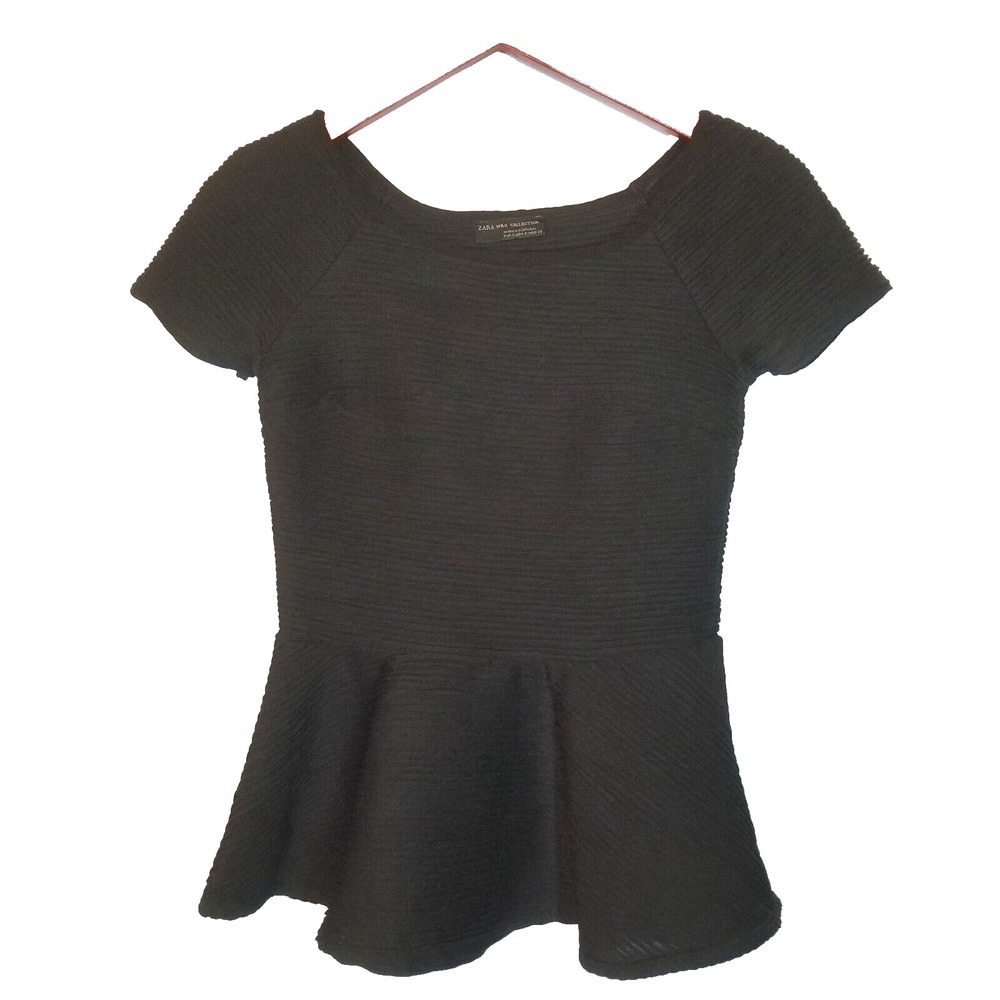 ZARA W & B Collection Black Peplum Top Cap Sleeve Boat Neck Pleated Size Small